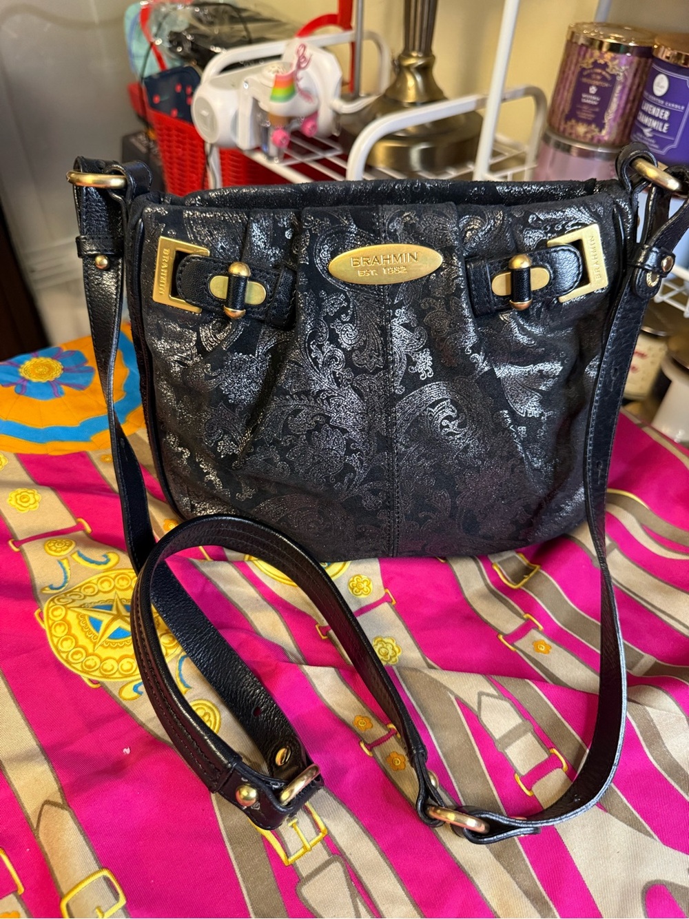 Brahmin Black Embossed Vintage Crossbody Bag – Melbourne Collection Pristine